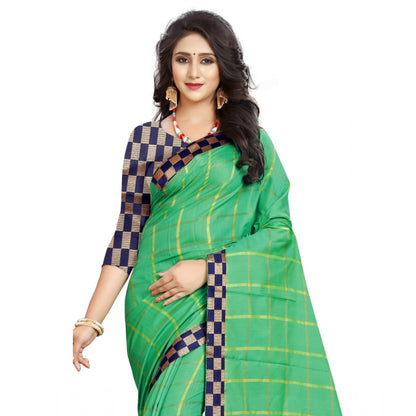 Generic Women's Cotton Silk Checkered Saree With Unstitched Blouse 5.5Mtr (Green)