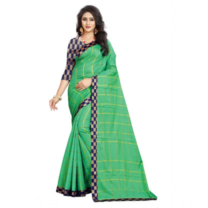 Generic Women's Cotton Silk Checkered Saree With Unstitched Blouse 5.5Mtr (Green)