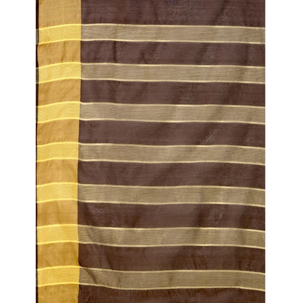 Generic Women's Cotton Silk Striped Saree With Unstitched Blouse 5.5Mtr (Brown)