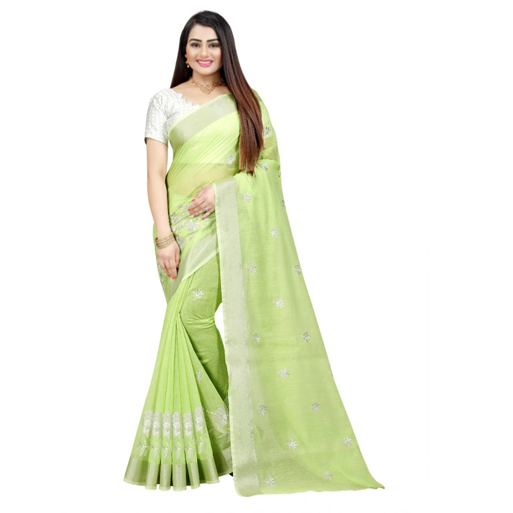 Generic Women's Cotton Silk Embroidered Saree With Unstitched Blouse 5.5Mtr (Light Green)