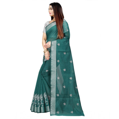 Generic Women's Cotton Silk Embroidered Saree With Unstitched Blouse 5.5Mtr (Dark Green)