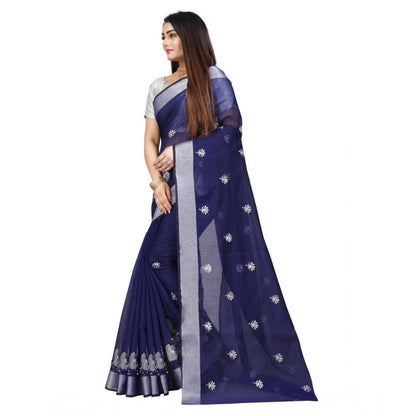 Generic Women's Cotton Silk Embroidered Saree With Unstitched Blouse 5.5Mtr (Blue)