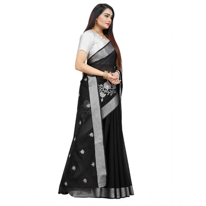 Generic Women's Cotton Silk Embroidered Saree With Unstitched Blouse 5.5Mtr (Black)