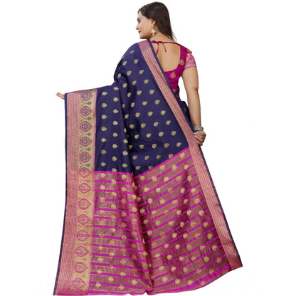 Generic Women's Silk Blend Woven Saree With Unstitched Blouse 5.5Mtr (Dark Blue-Pink)