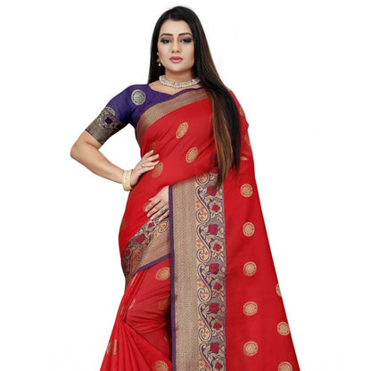 Generic Women's Silk Blend Woven Saree With Unstitched Blouse 5.5Mtr (Red-Blue)