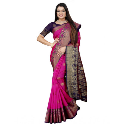 Generic Women's Silk Blend Woven Saree With Unstitched Blouse 5.5Mtr (Blue-Pink)