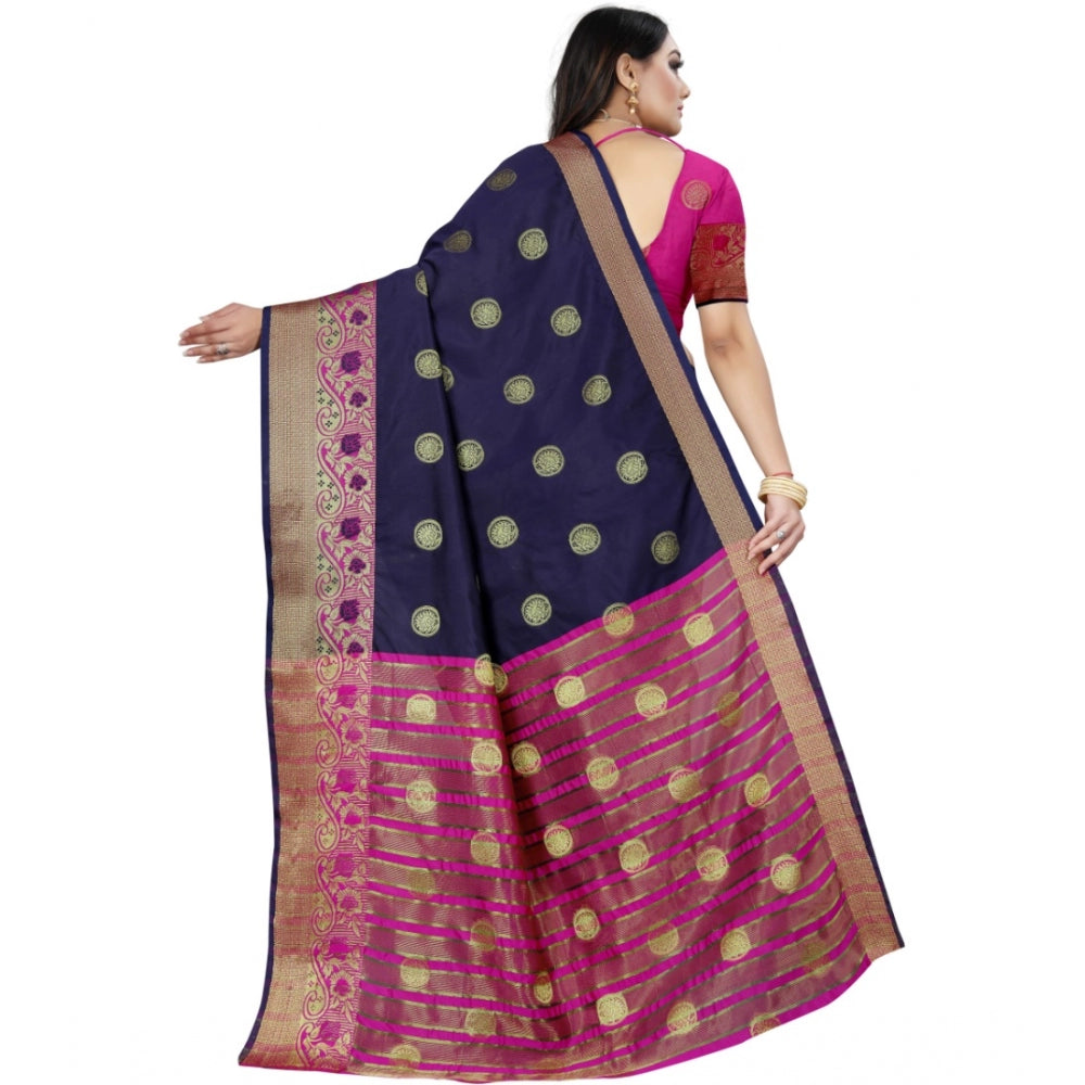 Generic Women's Silk Blend Woven Saree With Unstitched Blouse 5.5Mtr (Dark Blue-Pink)