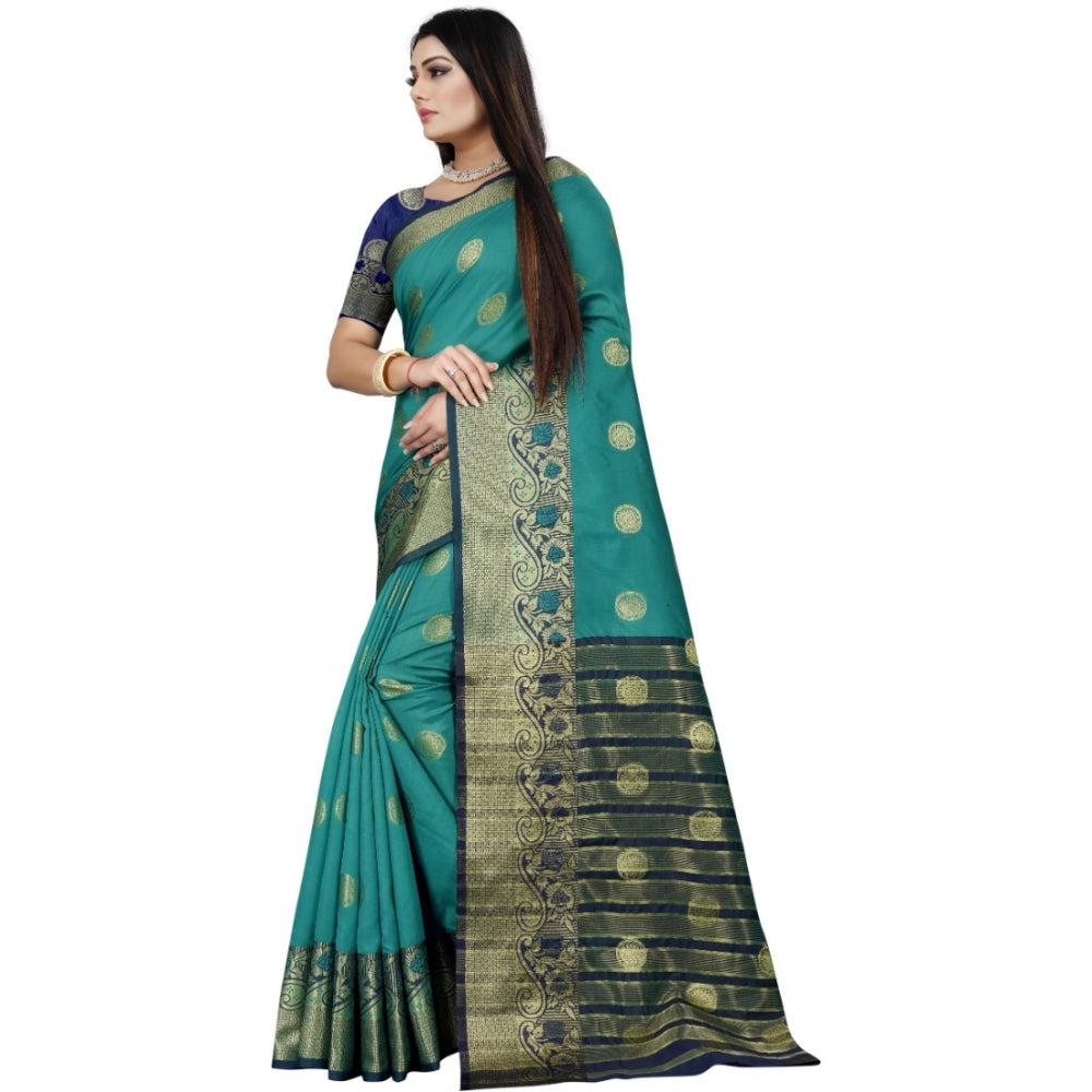 Generic Women's Silk Blend Woven Saree With Unstitched Blouse 5.5Mtr (Green-Blue)