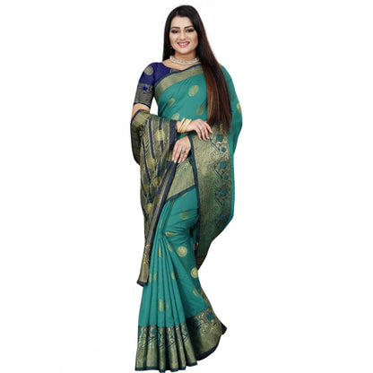 Generic Women's Silk Blend Woven Saree With Unstitched Blouse 5.5Mtr (Green-Blue)