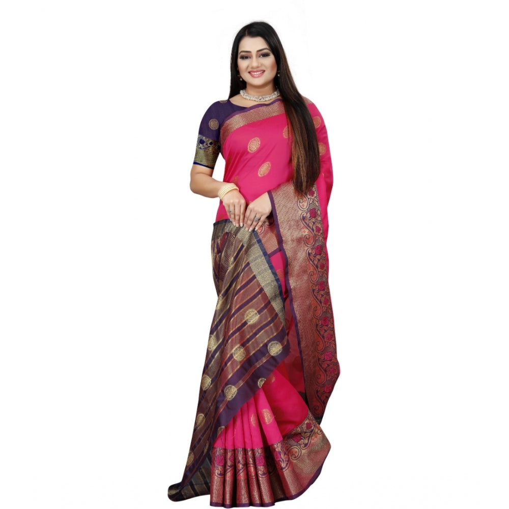 Generic Women's Silk Blend Woven Saree With Unstitched Blouse 5.5Mtr (Blue-Pink)