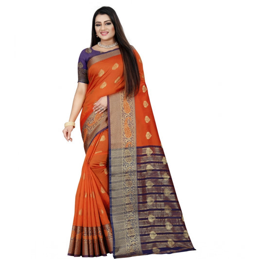 Generic Women's Silk Blend Woven Saree With Unstitched Blouse 5.5Mtr (Purple-Orange)