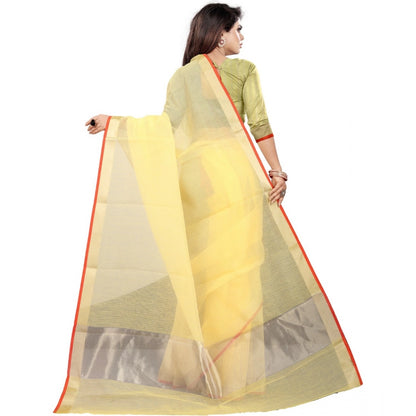 Generic Women's Cotton Silk Checkered Saree With Unstitched Blouse 5.5Mtr (Yellow)