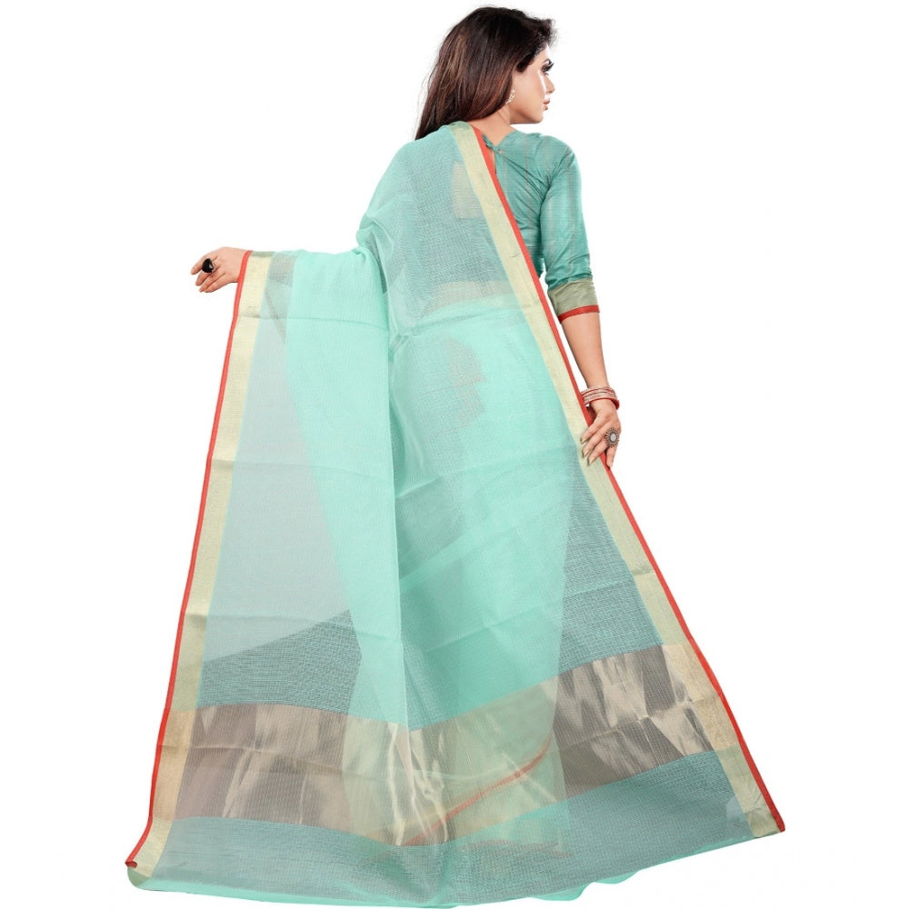 Generic Women's Cotton Silk Checkered Saree With Unstitched Blouse 5.5Mtr (Light Blue)