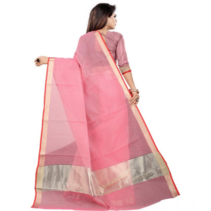 Generic Women's Cotton Silk Checkered Saree With Unstitched Blouse 5.5Mtr (Pink)