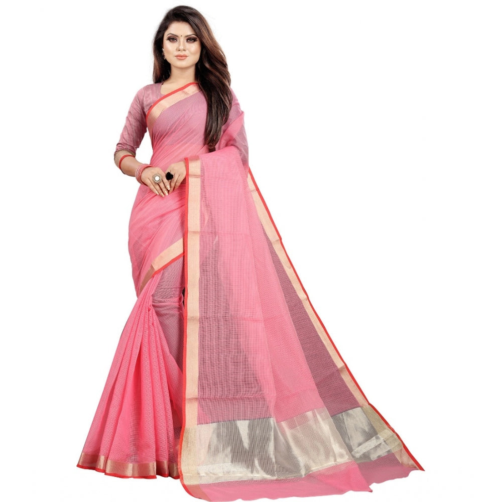 Generic Women's Cotton Silk Checkered Saree With Unstitched Blouse 5.5Mtr (Pink)