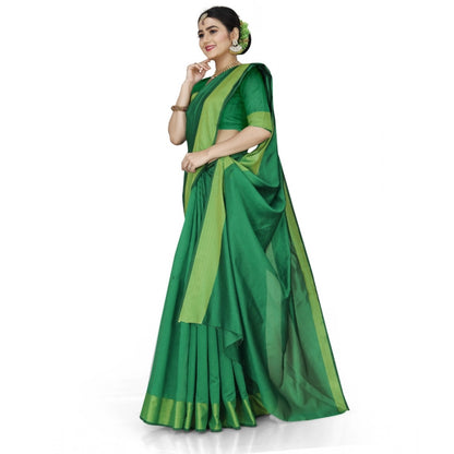 Generic Women's Cotton Silk Self Design Saree With Unstitched Blouse 5.5Mtr (Green)