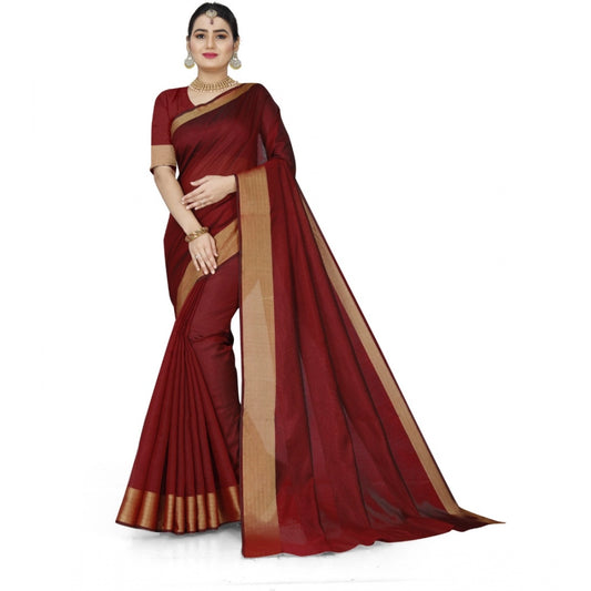 Generic Women's Cotton Silk Self Design Saree With Unstitched Blouse 5.5Mtr (Maroon)