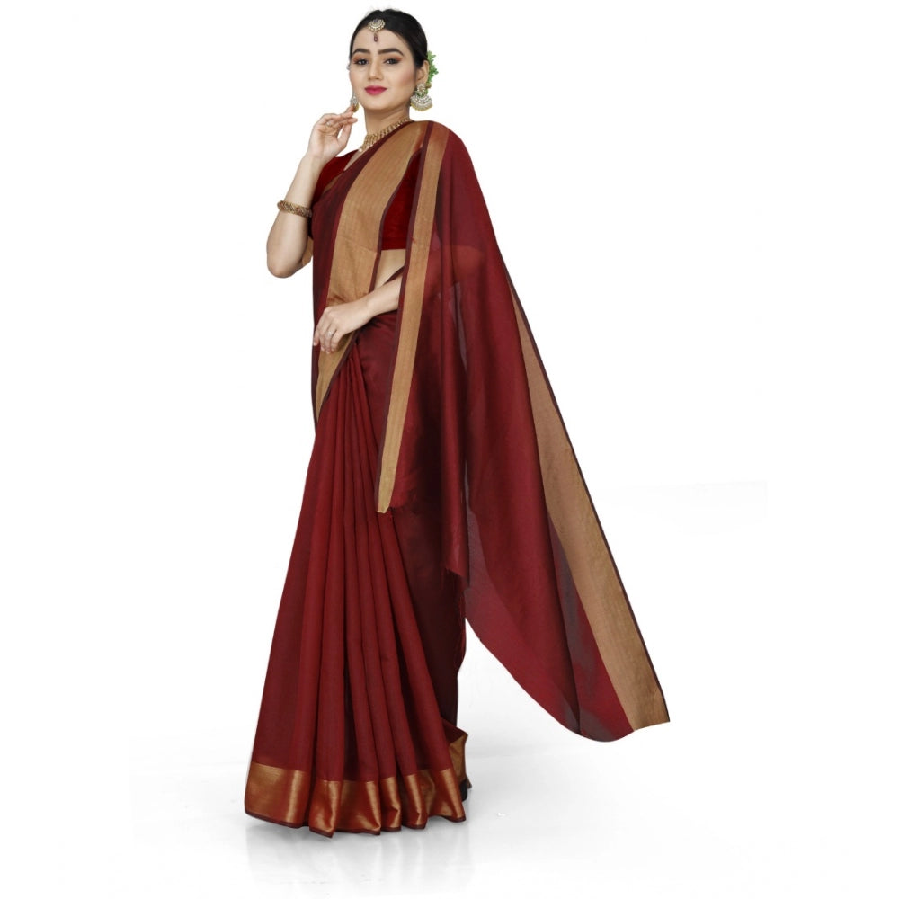 Generic Women's Cotton Silk Self Design Saree With Unstitched Blouse 5.5Mtr (Maroon)