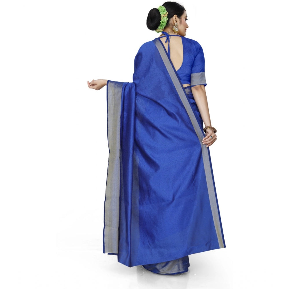 Generic Women's Cotton Silk Self Design Saree With Unstitched Blouse 5.5Mtr (Blue)