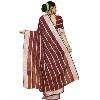 Generic Women's Cotton Silk Striped Saree With Unstitched Blouse 5.5Mtr (Red)