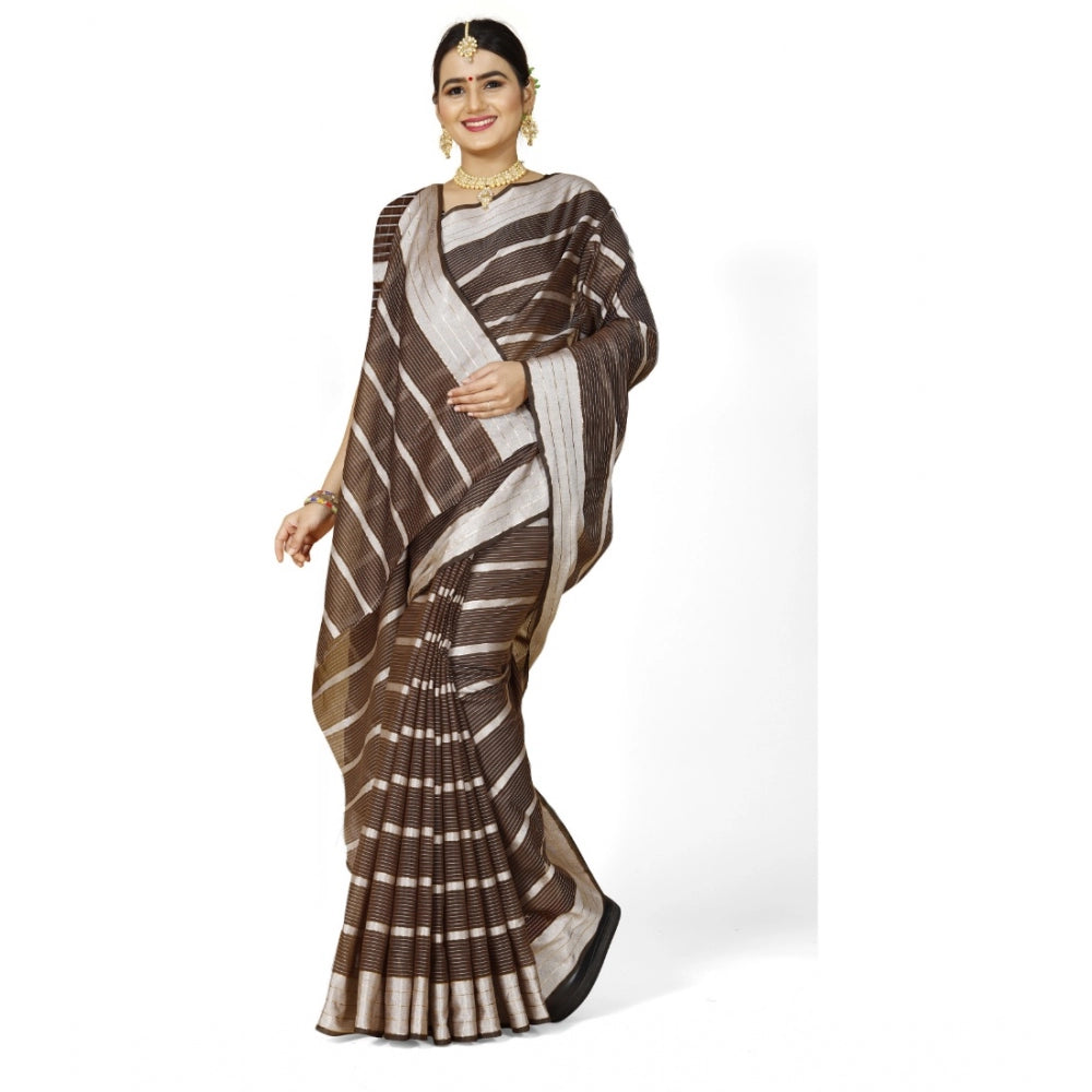 Generic Women's Cotton Silk Striped Saree With Unstitched Blouse 5.5Mtr (Brown)