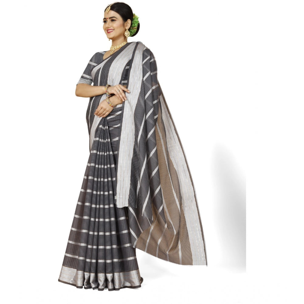 Generic Women's Cotton Silk Striped Saree With Unstitched Blouse 5.5Mtr (Grey)