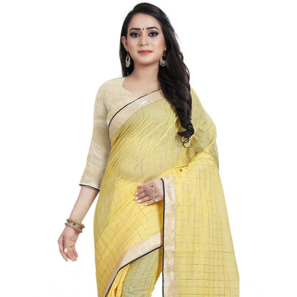 Generic Women's Cotton Silk Checkered Saree With Unstitched Blouse 5.5Mtr (Yellow)