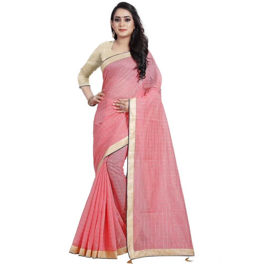 Generic Women's Cotton Silk Checkered Saree With Unstitched Blouse 5.5Mtr (Pink)