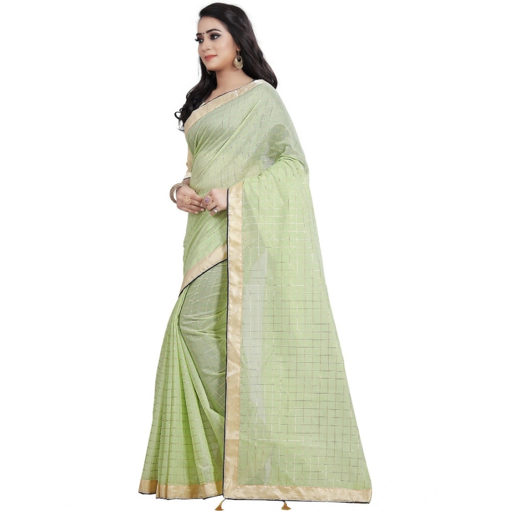 Generic Women's Cotton Silk Checkered Saree With Unstitched Blouse 5.5Mtr (Light Green)