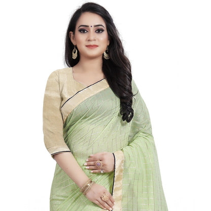 Generic Women's Cotton Silk Checkered Saree With Unstitched Blouse 5.5Mtr (Light Green)