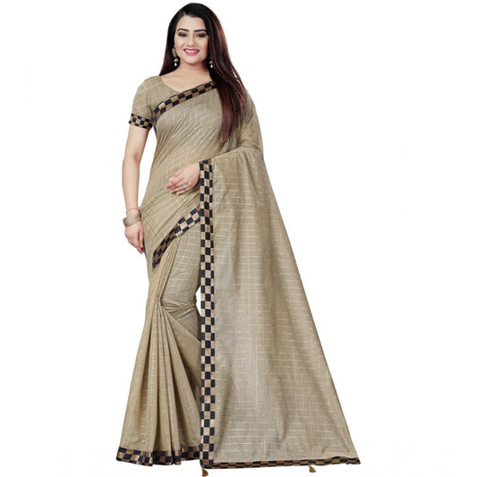 Generic Women's Cotton Silk Checkered Saree With Unstitched Blouse 5.5Mtr (Cream)