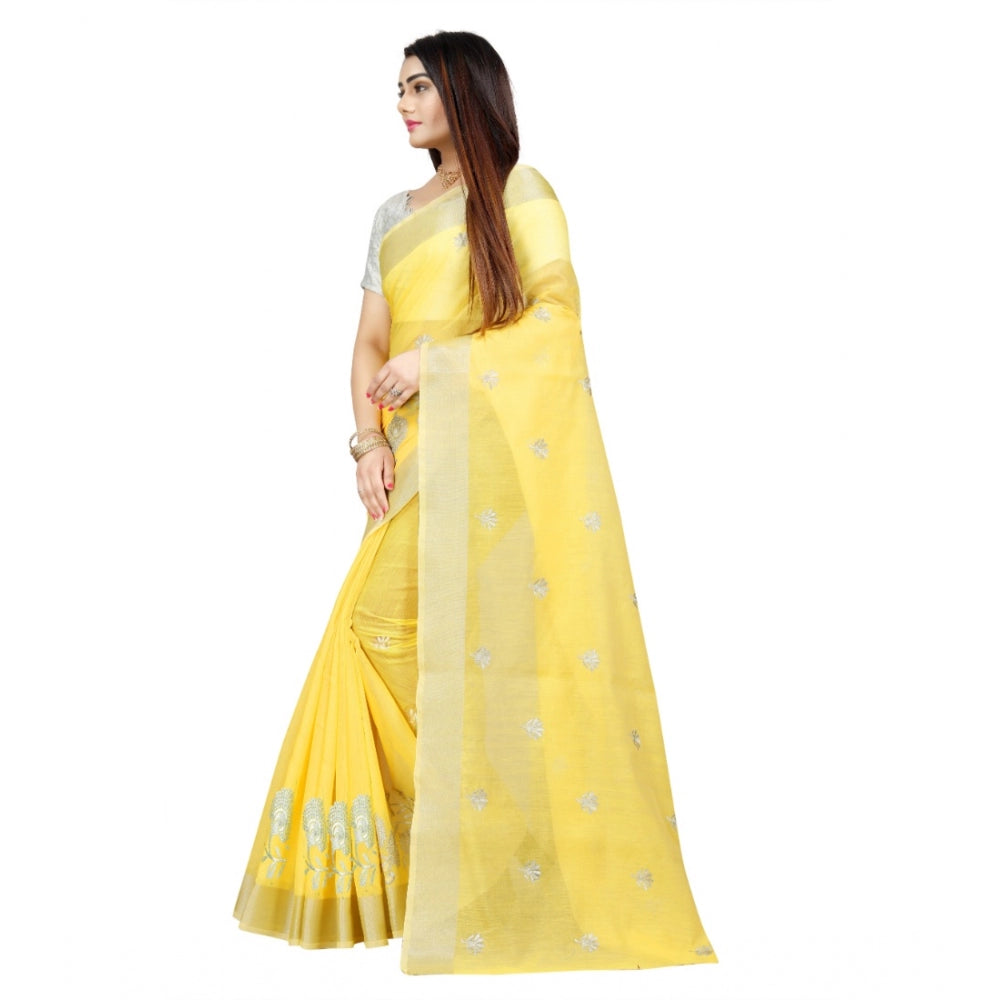 Generic Women's Cotton Silk Embroidered Saree With Unstitched Blouse 5.5Mtr (Yellow)