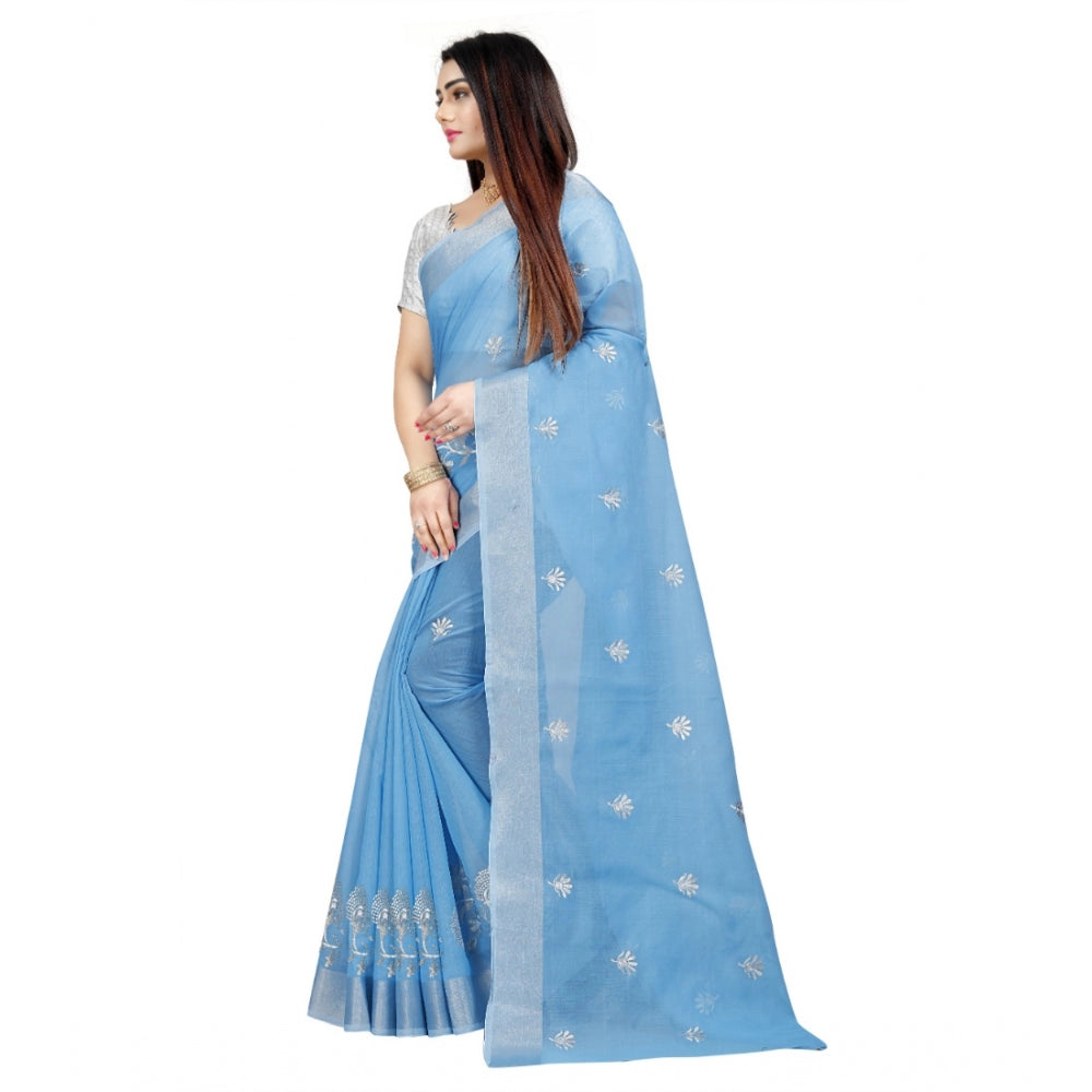 Generic Women's Cotton Silk Embroidered Saree With Unstitched Blouse 5.5Mtr (Light Blue)