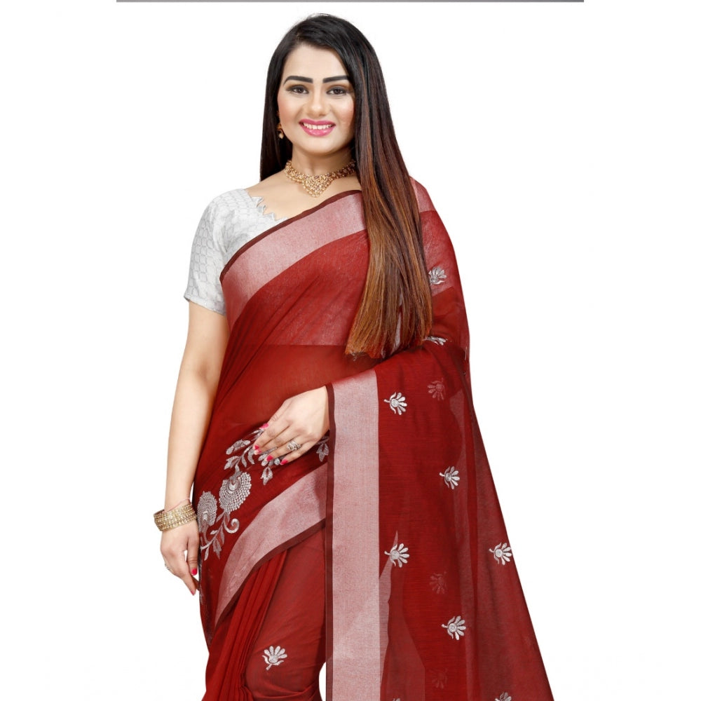 Generic Women's Cotton Silk Embroidered Saree With Unstitched Blouse 5.5Mtr (Maroon)