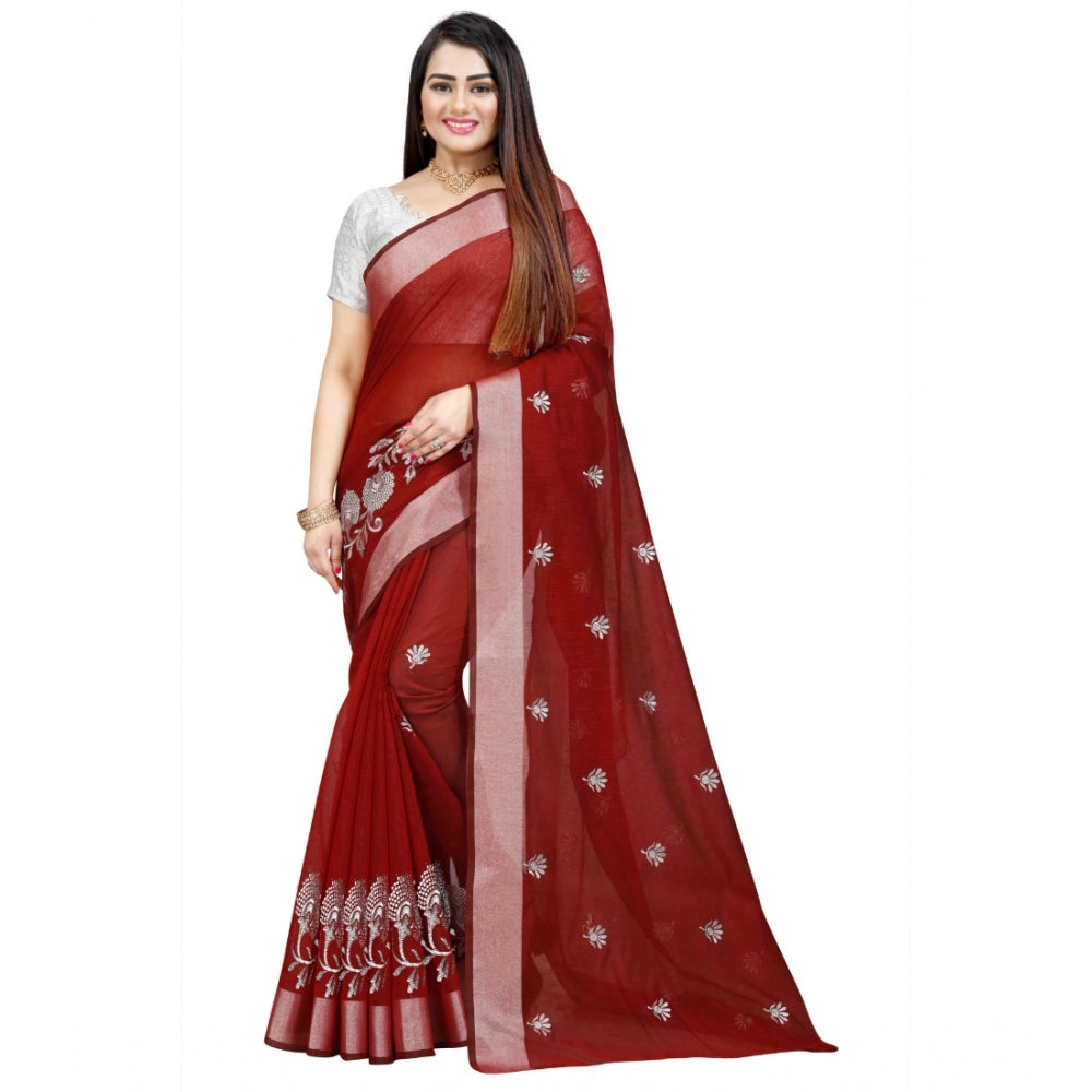 Generic Women's Cotton Silk Embroidered Saree With Unstitched Blouse 5.5Mtr (Maroon)