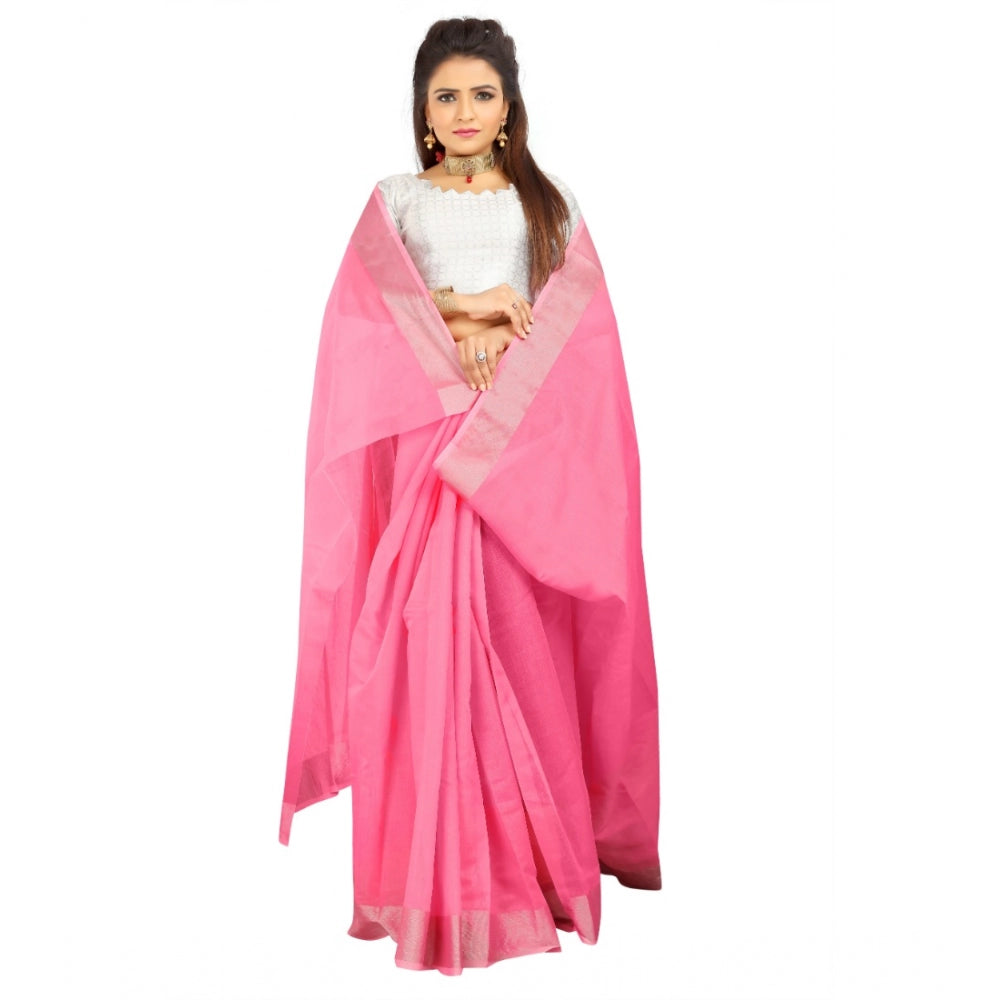 Generic Women's Cotton Silk Self Design Saree With Unstitched Blouse 5.5Mtr (Pink)