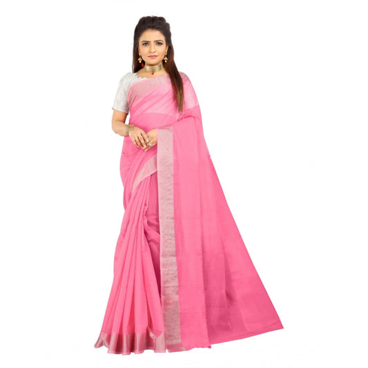 Generic Women's Cotton Silk Self Design Saree With Unstitched Blouse 5.5Mtr (Pink)