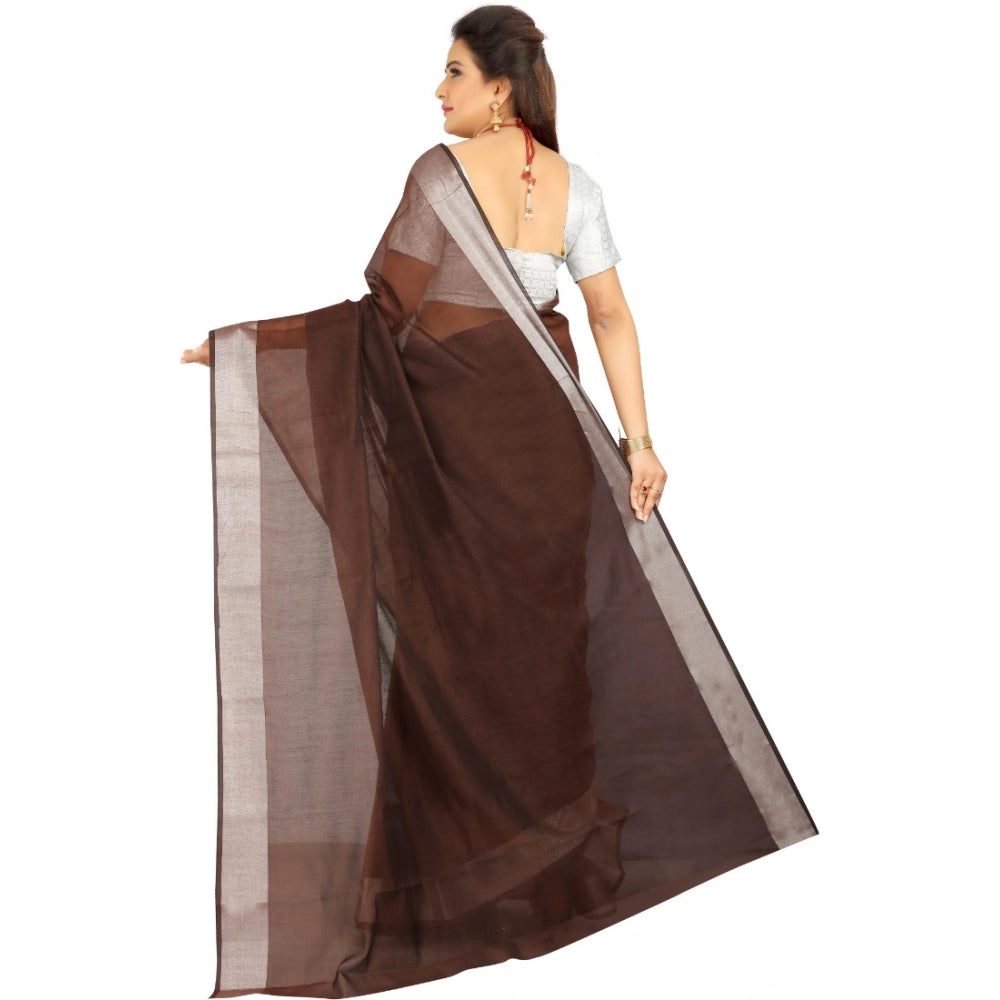 Generic Women's Cotton Silk Self Design Saree With Unstitched Blouse 5.5Mtr (Brown)