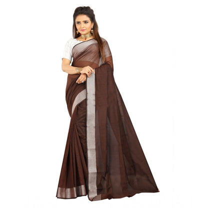 Generic Women's Cotton Silk Self Design Saree With Unstitched Blouse 5.5Mtr (Brown)