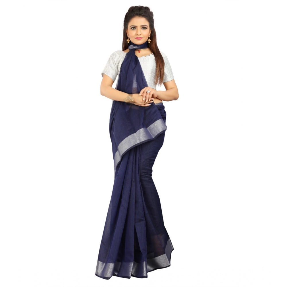 Generic Women's Cotton Silk Self Design Saree With Unstitched Blouse 5.5Mtr (Blue)