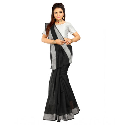 Generic Women's Cotton Silk Self Design Saree With Unstitched Blouse 5.5Mtr (Black)