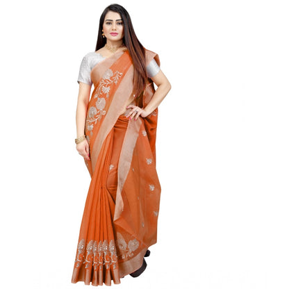 Generic Women's Cotton Silk Embroidered Saree With Unstitched Blouse 5.5Mtr (Orange)