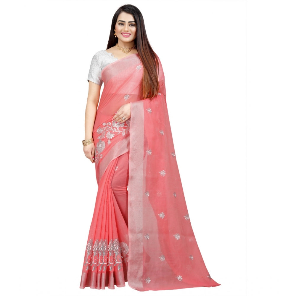 Generic Women's Cotton Silk Embroidered Saree With Unstitched Blouse 5.5Mtr (Pink)