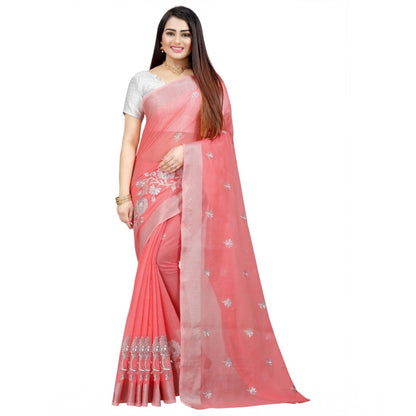 Generic Women's Cotton Silk Embroidered Saree With Unstitched Blouse 5.5Mtr (Pink)