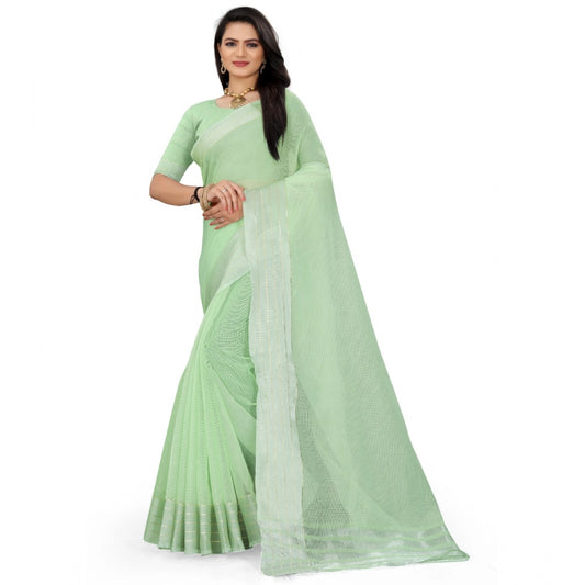 Generic Women's Cotton Jute Self Design Saree With Unstitched Blouse 5.5Mtr (Green)