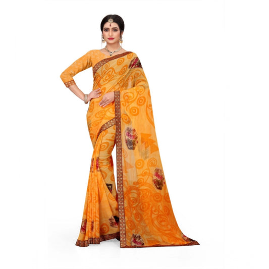 Generic Women's Georgette Floral Print Saree With Unstitched Blouse 5.5Mtr (Mustard)