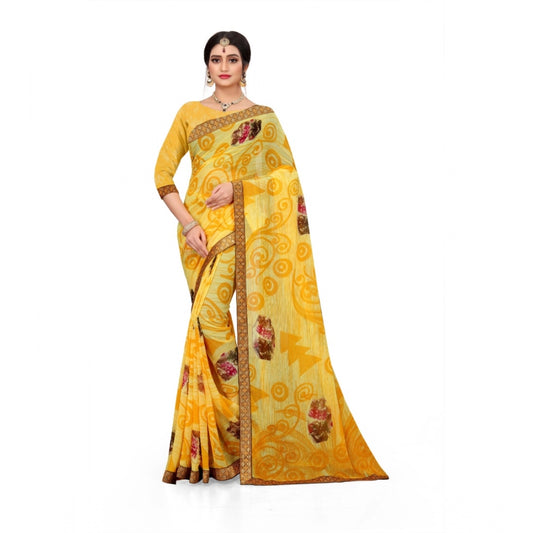 Generic Women's Georgette Floral Print Saree With Unstitched Blouse 5.5Mtr (Yellow)