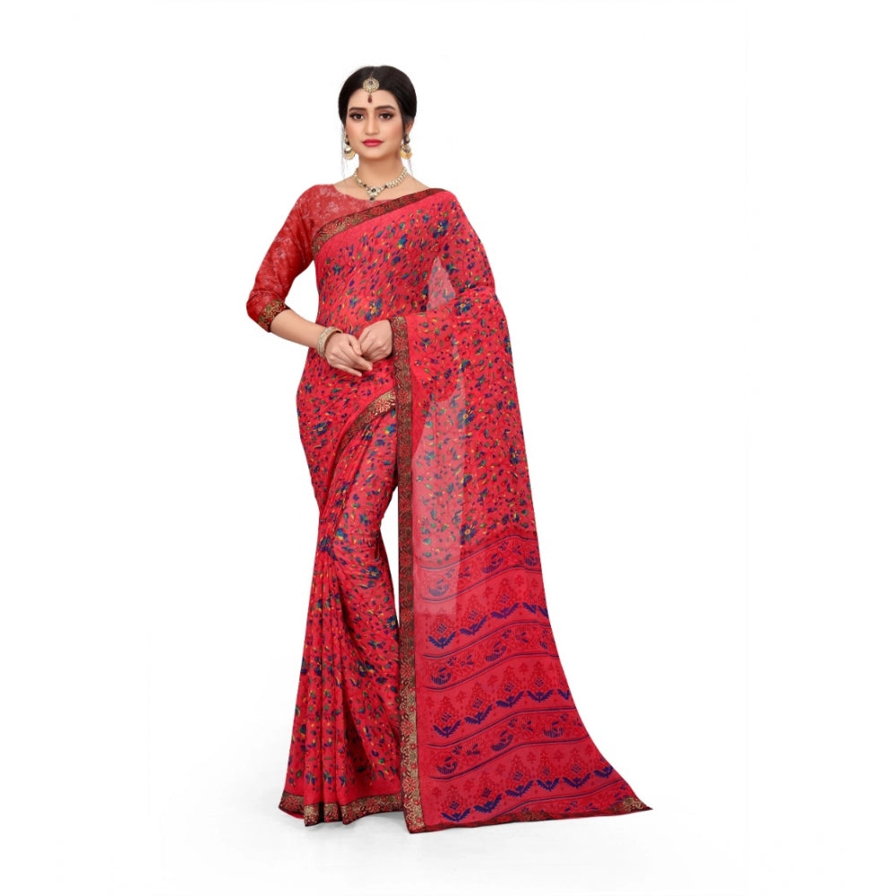 Generic Women's Georgette Floral Print Saree With Unstitched Blouse 5.5Mtr (Red)