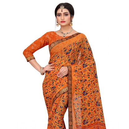 Generic Women's Georgette Floral Print Saree With Unstitched Blouse 5.5Mtr (Orange)