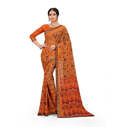 Generic Women's Georgette Floral Print Saree With Unstitched Blouse 5.5Mtr (Orange)